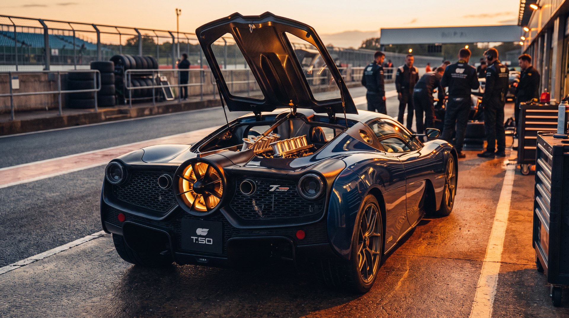 Gordon Murray Automotive T.50 rear view with its fan and naturally aspirated 12100 rpm V12 engine exposed