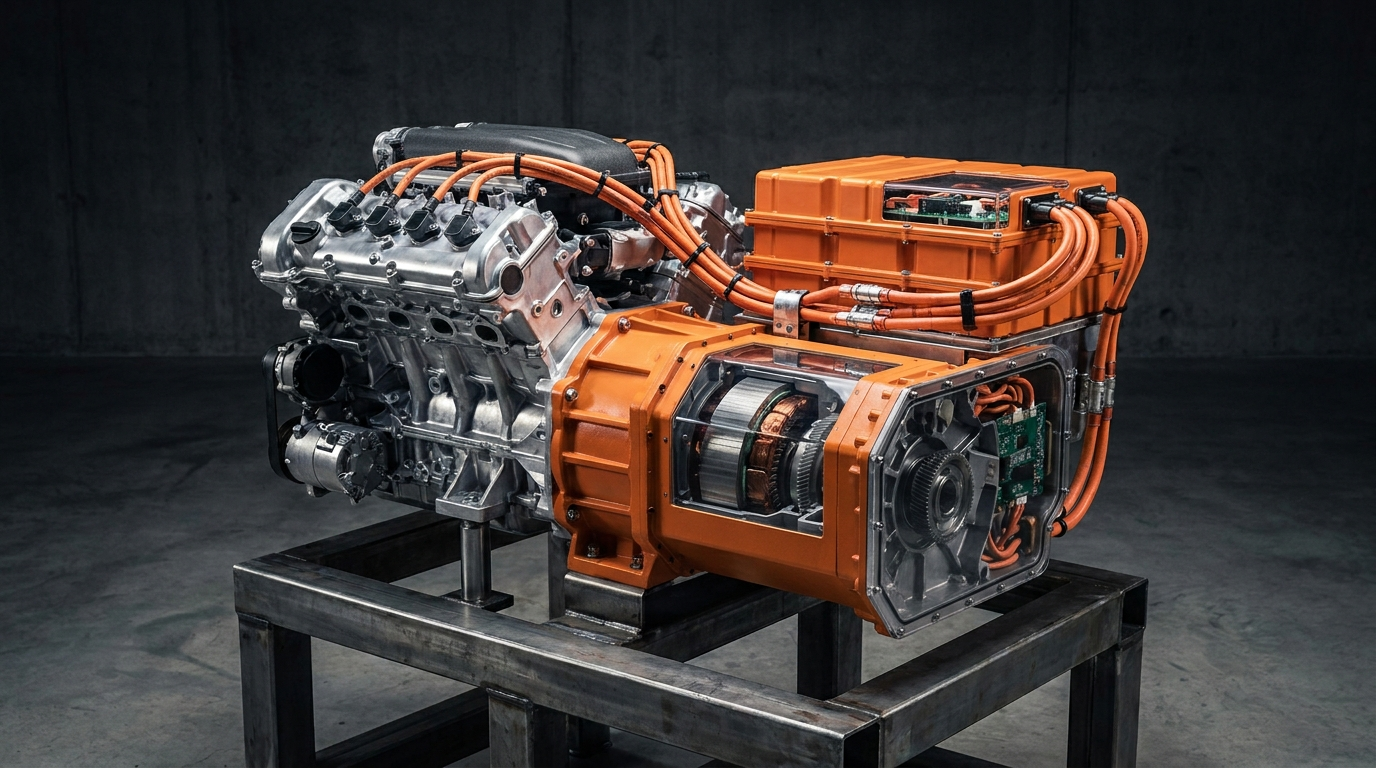 Hybrid supercars powertrain — combustion engine paired with an electric motor and battery pack