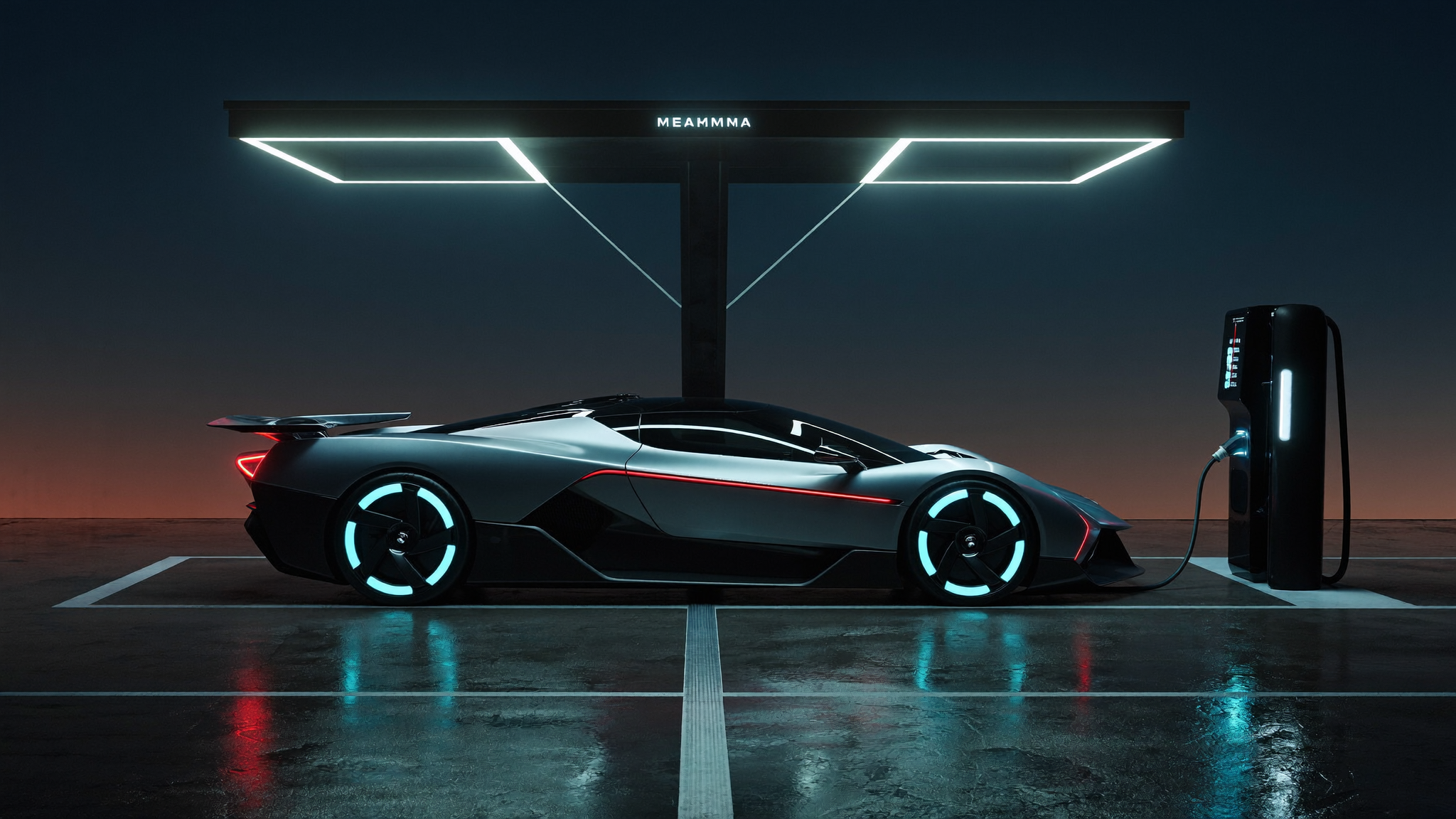 Futuristic electric hypercar at a megawatt charging station representing the future of car voltage