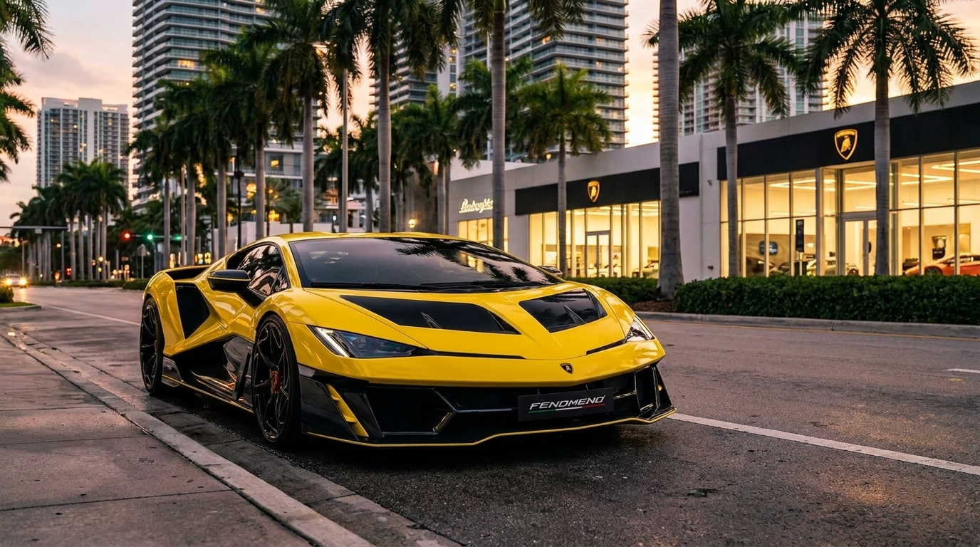 Lamborghini Fenomeno on Biscayne Boulevard in Miami at dusk (editorial illustration)