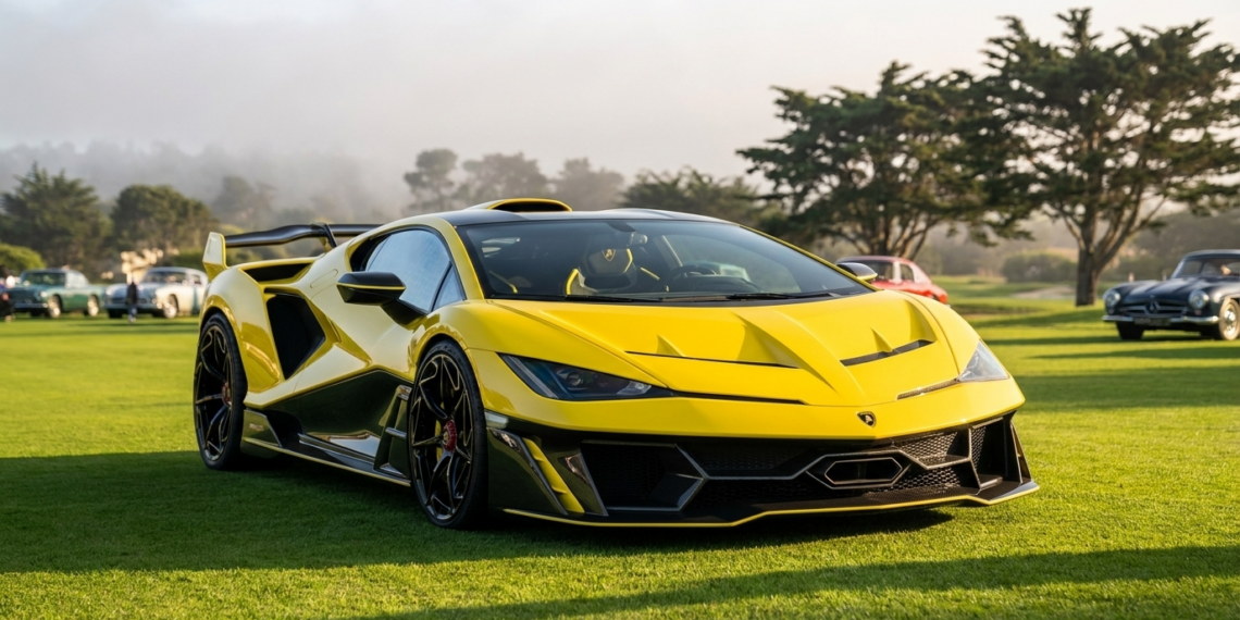 Lamborghini Fenomeno coupe in Giallo Crius at Monterey Car Week (editorial illustration)