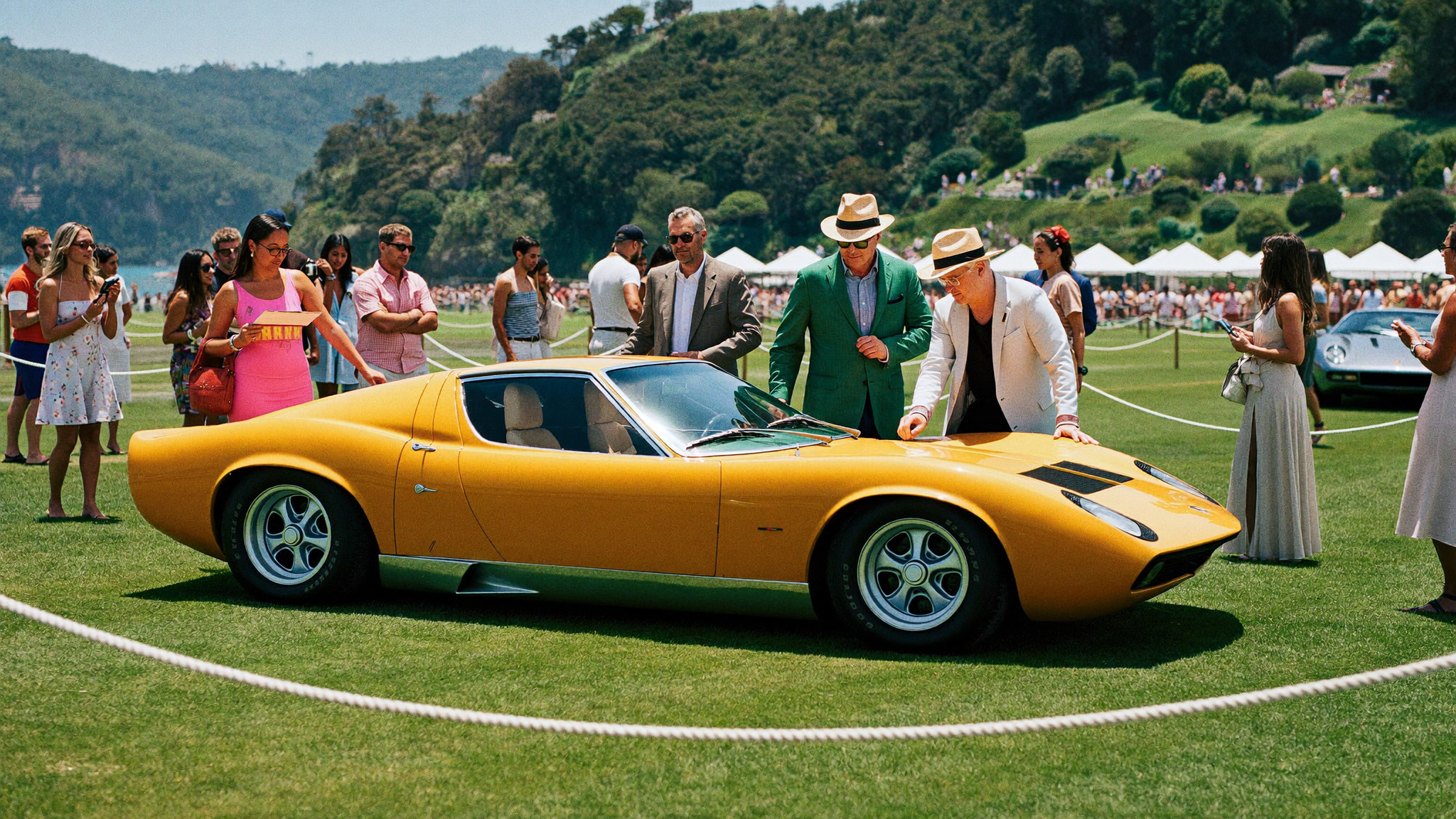 Concours judges and spectators admiring a yellow Lamborghini Miura P400 S at Pebble Beach