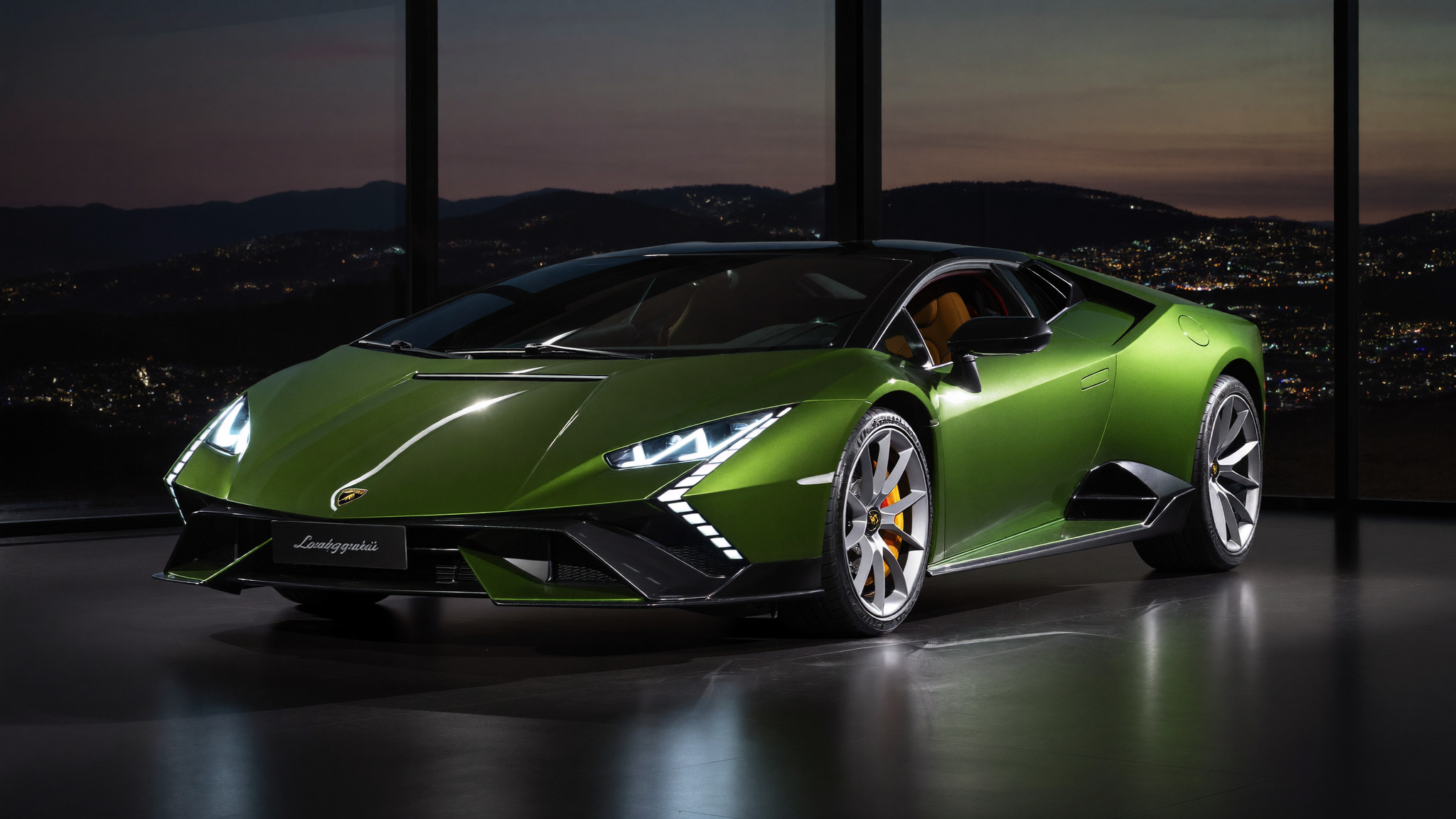 Green Lamborghini supercar displayed in a modern dealership showroom at dusk during a record 2025 sales year