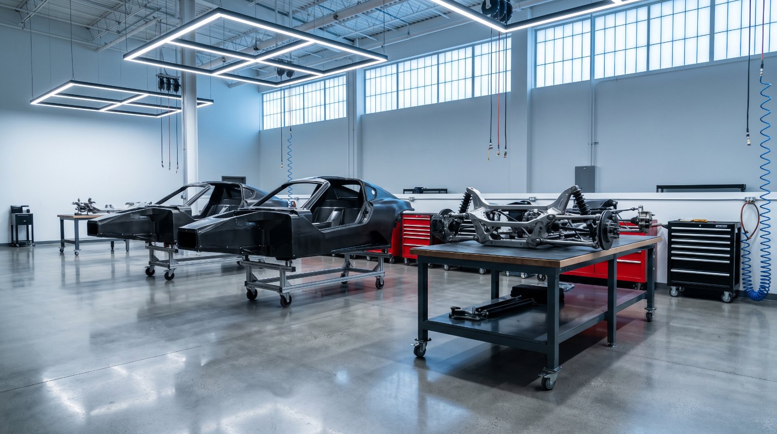 Carbon fibre monocoque tubs and subassemblies on a small-volume American supercar assembly floor