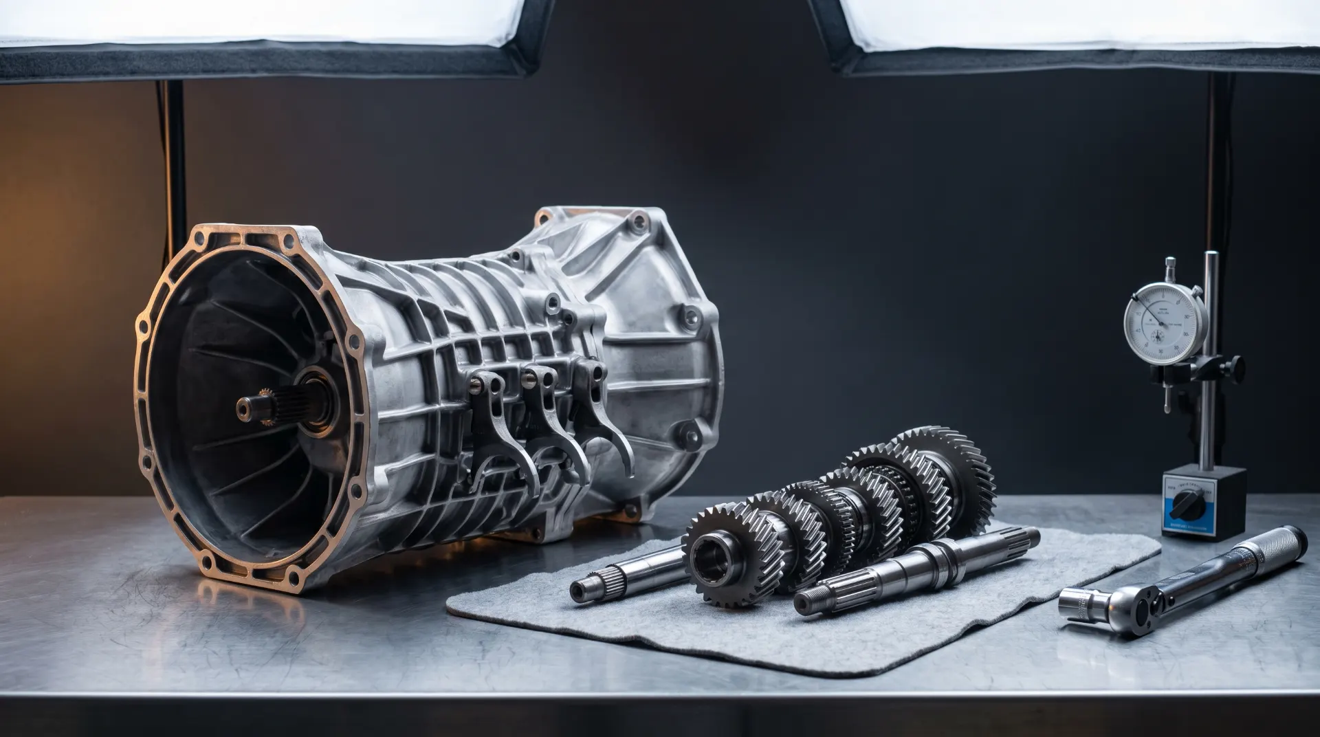 Bare motorsport manual gearbox casing with straight-cut gears and selector forks laid out on a workbench