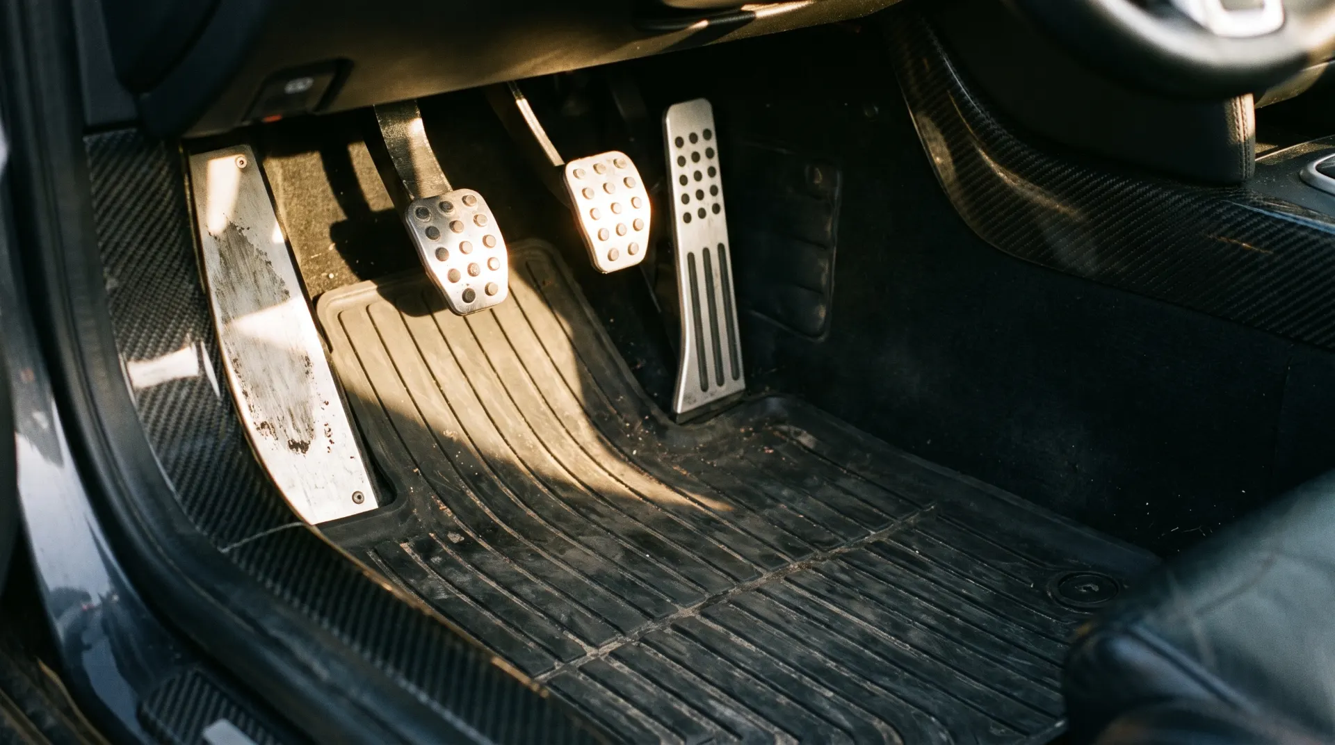 Three drilled aluminium pedals - clutch, brake and throttle - in a sports car footwell lit by afternoon sun