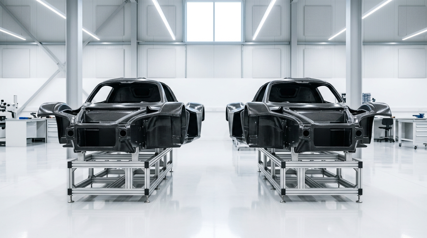 McLaren W1 vs Ferrari F80 comparison — illustrative carbon fibre hypercar monocoques on assembly stands