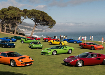 Lamborghini Miura 60th Anniversary display of more than 40 Miuras on the 3rd fairway at the 75th Pebble Beach Concours d'Elegance