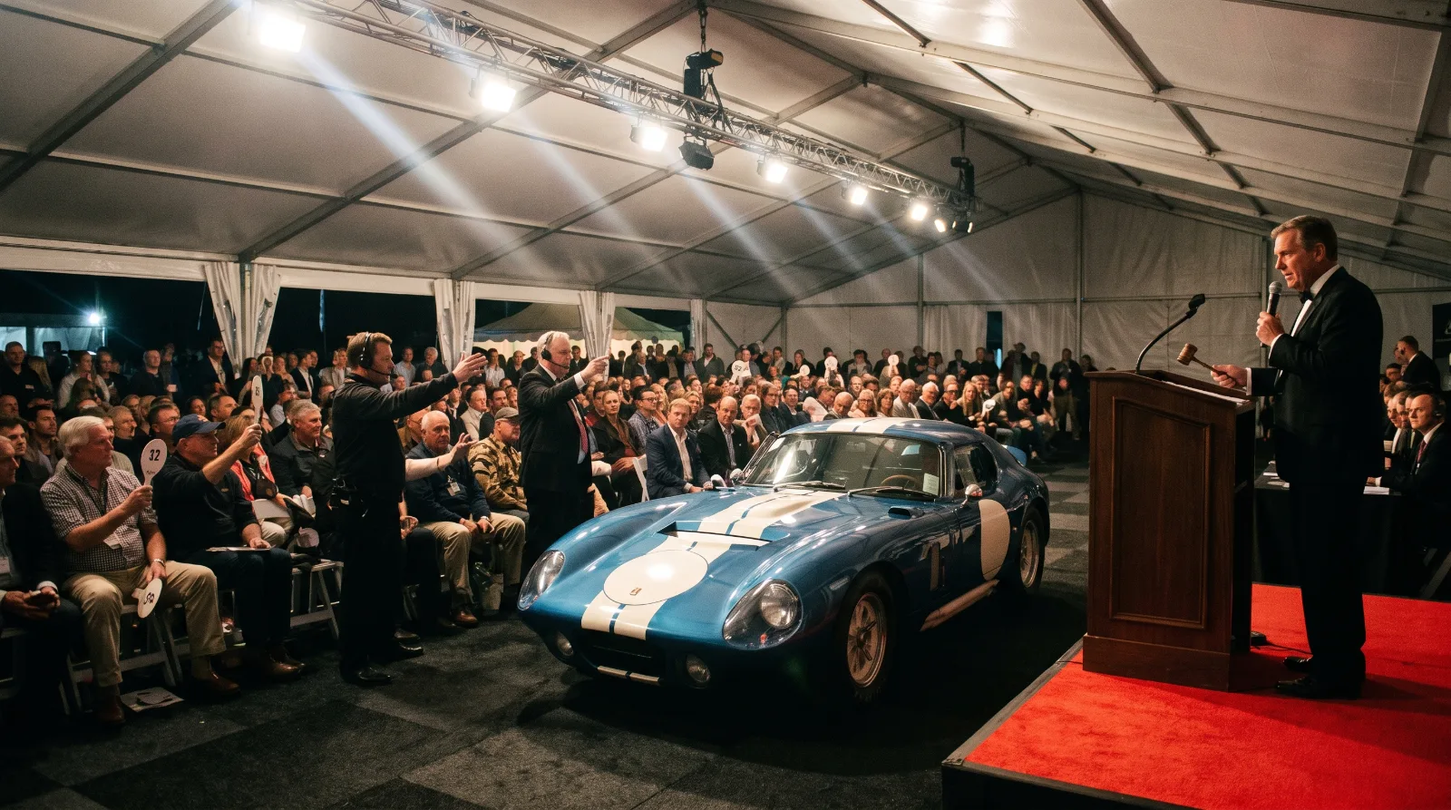 A 1964 Shelby Cobra Daytona Coupe in blue with white racing stripes on the auction block at Monterey Car Week 2026