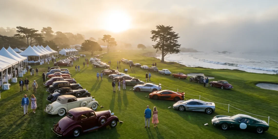 Wide view of collector cars and modern supercars lined up on a coastal California fairway during Monterey Car Week 2026