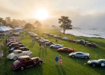 Wide view of collector cars and modern supercars lined up on a coastal California fairway during Monterey Car Week 2026