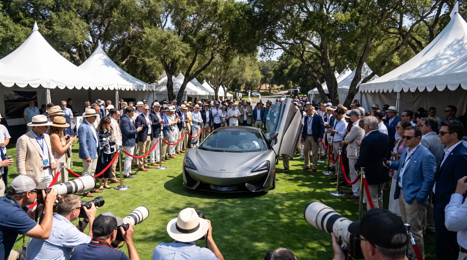 Crowds and press photographers around a newly revealed mid-engine supercar at The Quail during Monterey Car Week 2026