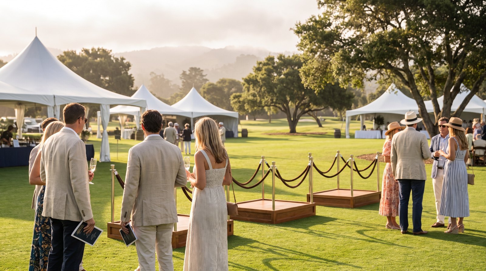 Attendees on a California car week concours lawn with white marquees and empty display plinths