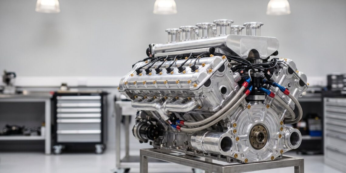Naturally aspirated V12 on a build stand, illustrating the type of engine used in the Gordon Murray S1