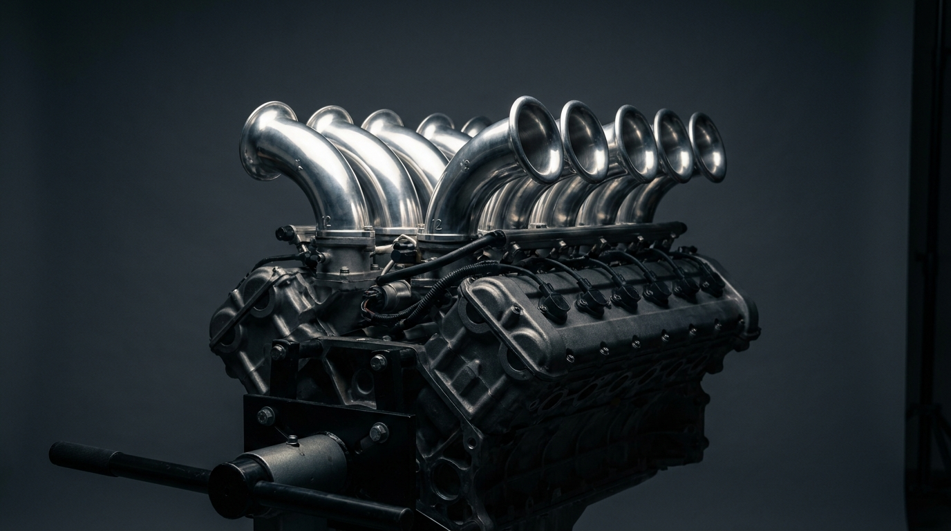 Naturally aspirated V12 engine intake with twelve polished velocity stacks