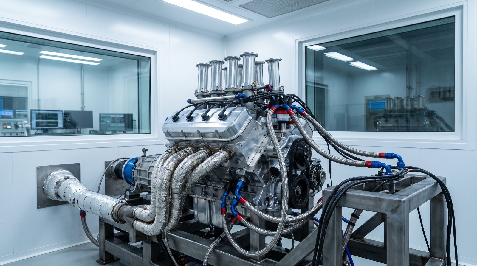 Naturally aspirated V8 with individual velocity stacks on an engine dynamometer, illustrating the type of engine in the Hennessey Blackbird