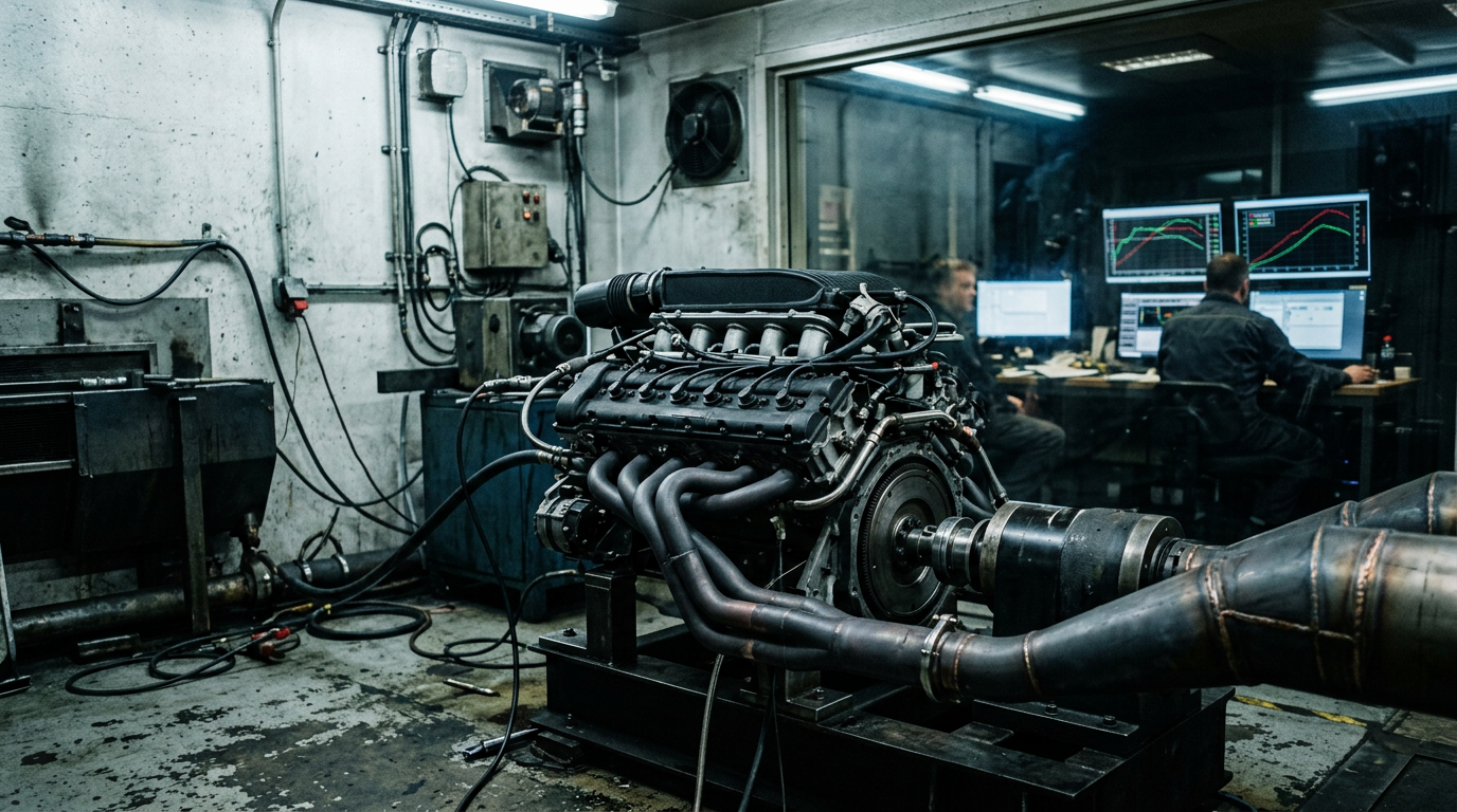 Nilu27 V12 dyno testing — illustrative engine dynamometer test cell