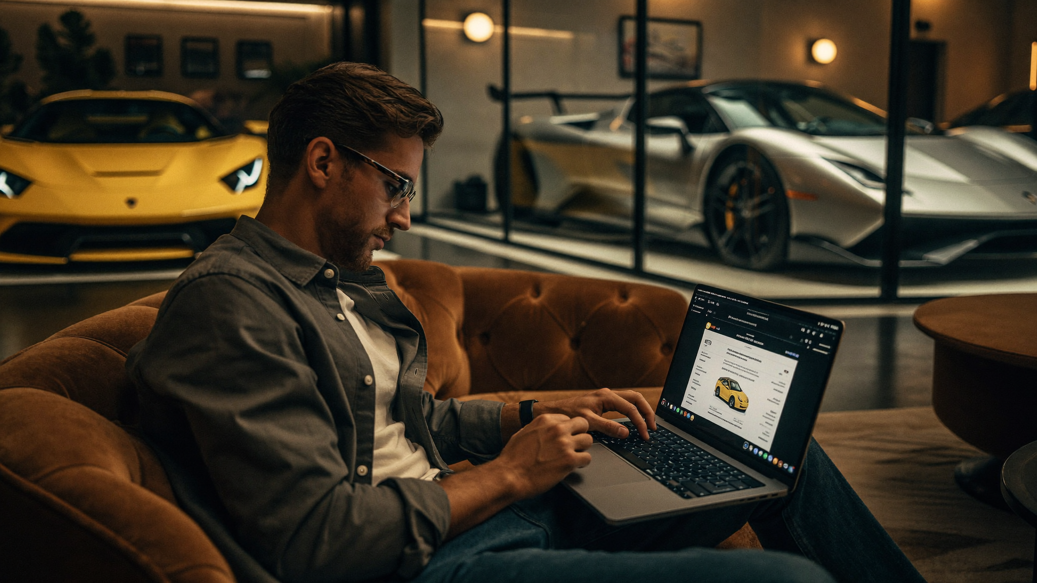 Collector bidding in an online exotic car auction from a private garage lounge, showing the digital shift in the exotic car marketplace