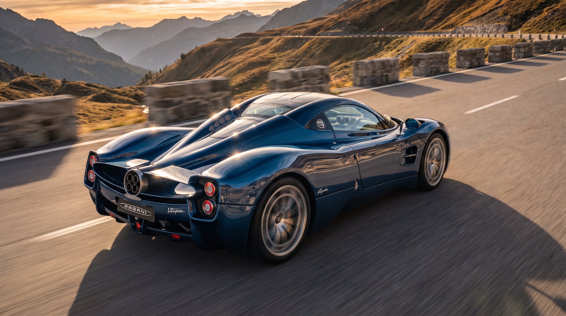 Pagani Utopia V12 hypercar driving a mountain road at golden hour, most Utopia buyers chose the gated manual