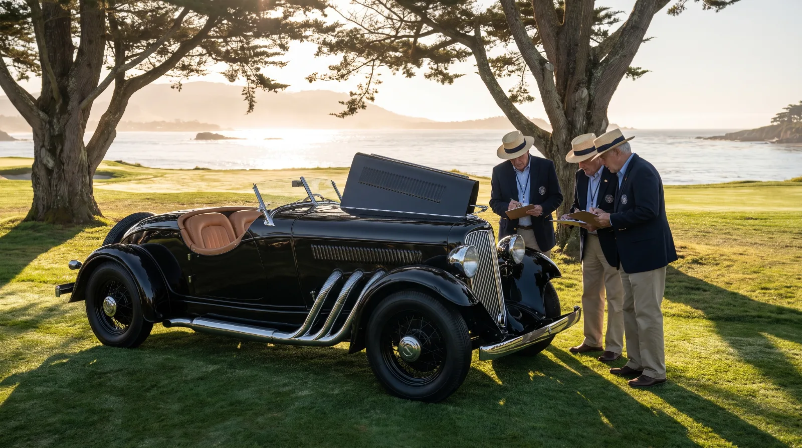 Judges in blazers inspecting a black 1930s American speedster on the fairway at the 75th Pebble Beach Concours d'Elegance in 2026