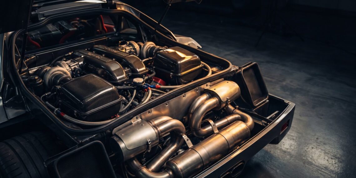 Twin-turbo V8 engine bay of a modern exotic supercar