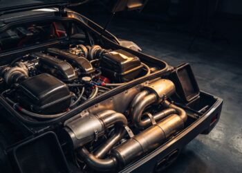 Twin-turbo V8 engine bay of a modern exotic supercar