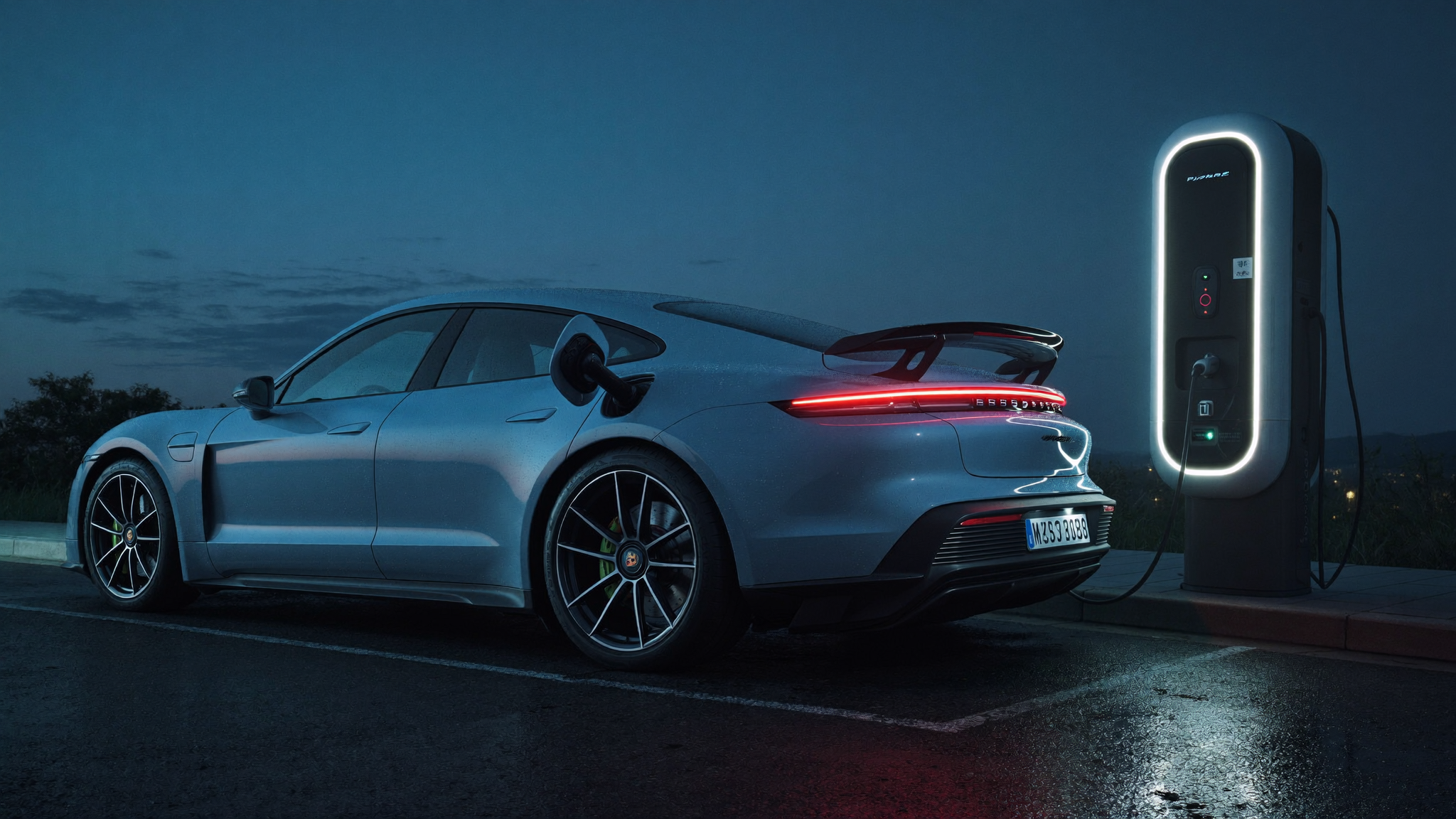 800-volt electric performance sedan ultra-fast charging at night