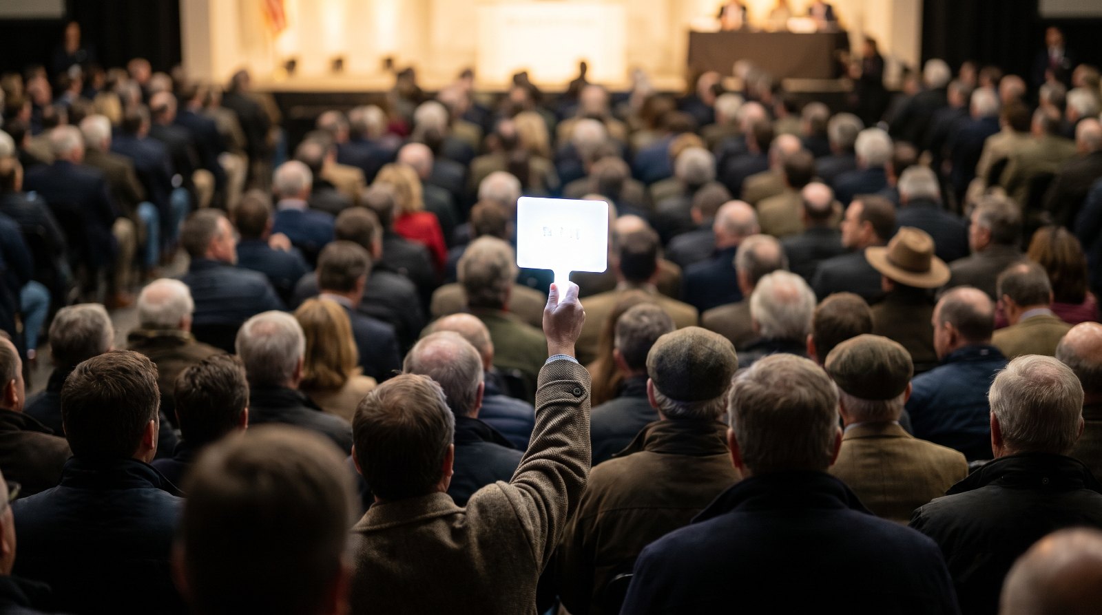 Raised numbered bidding paddle in a crowded auction saleroom seen from behind