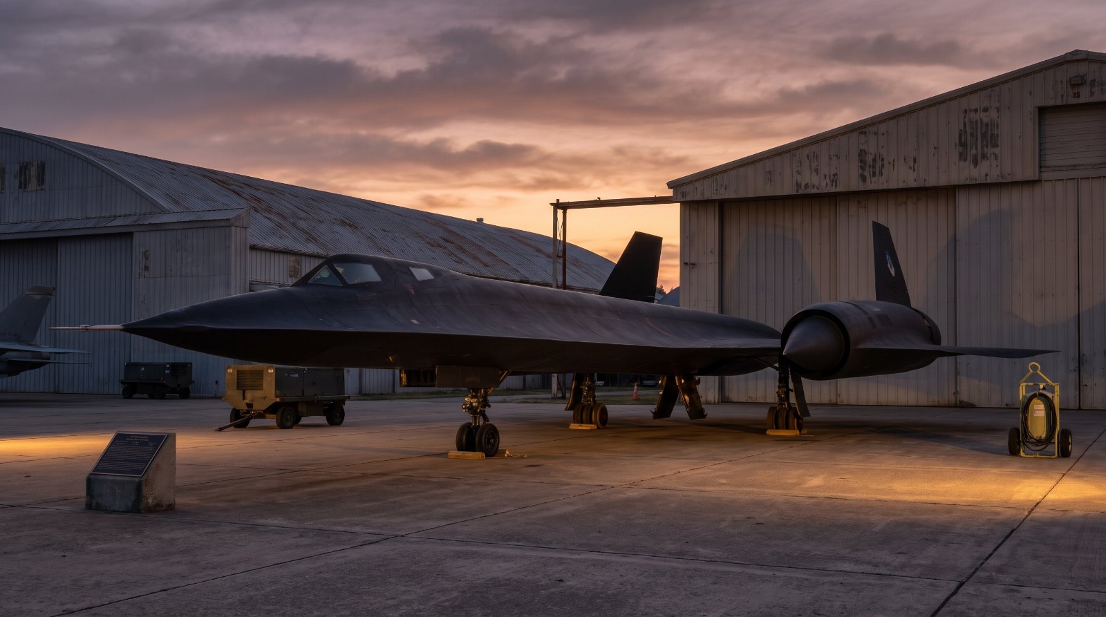 Black Mach-3 era reconnaissance aircraft with chined nose and canted vertical stabilizers on an apron at dusk