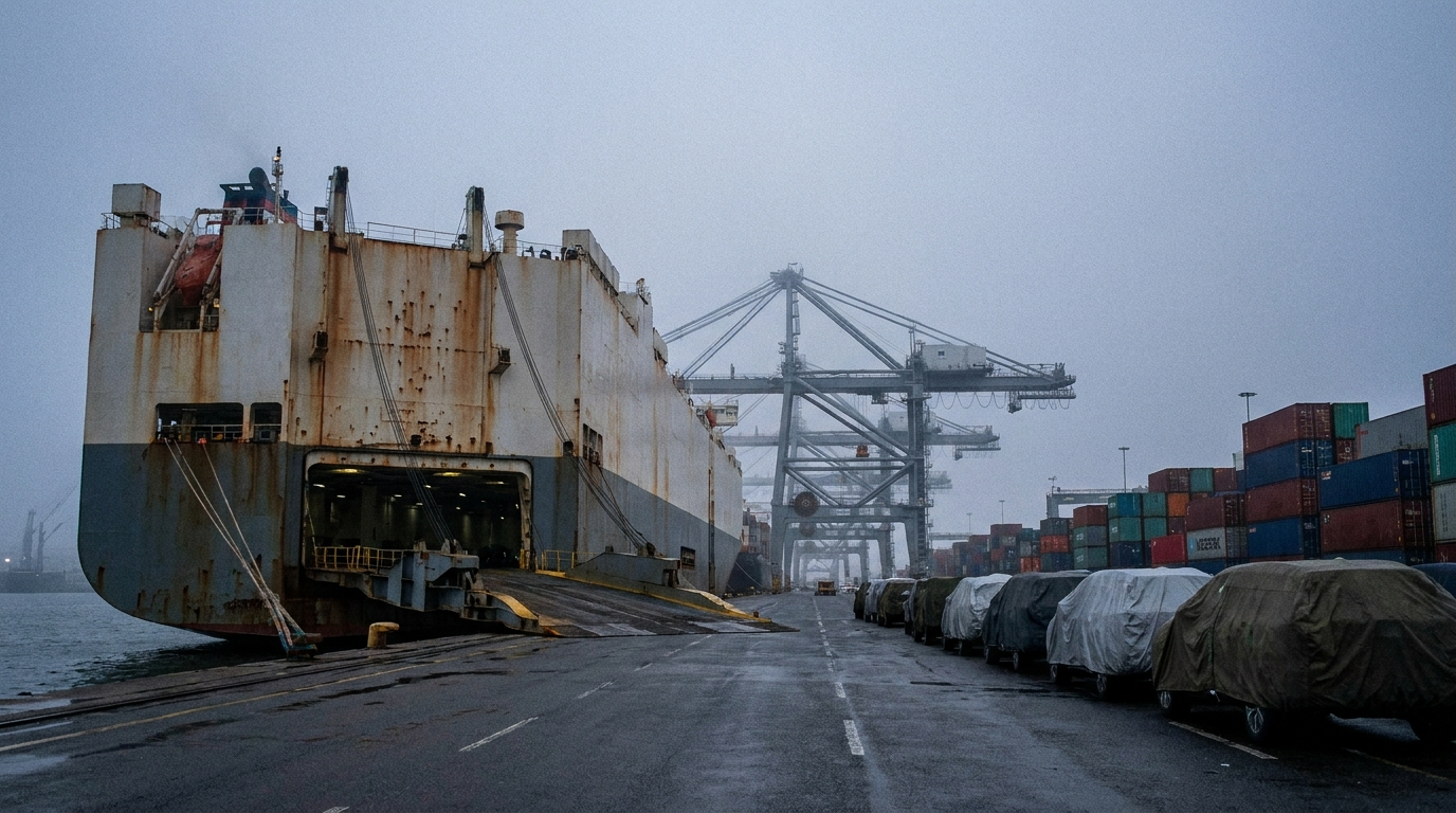 Supercar and hypercar market shipping — a car carrier loading at a container port