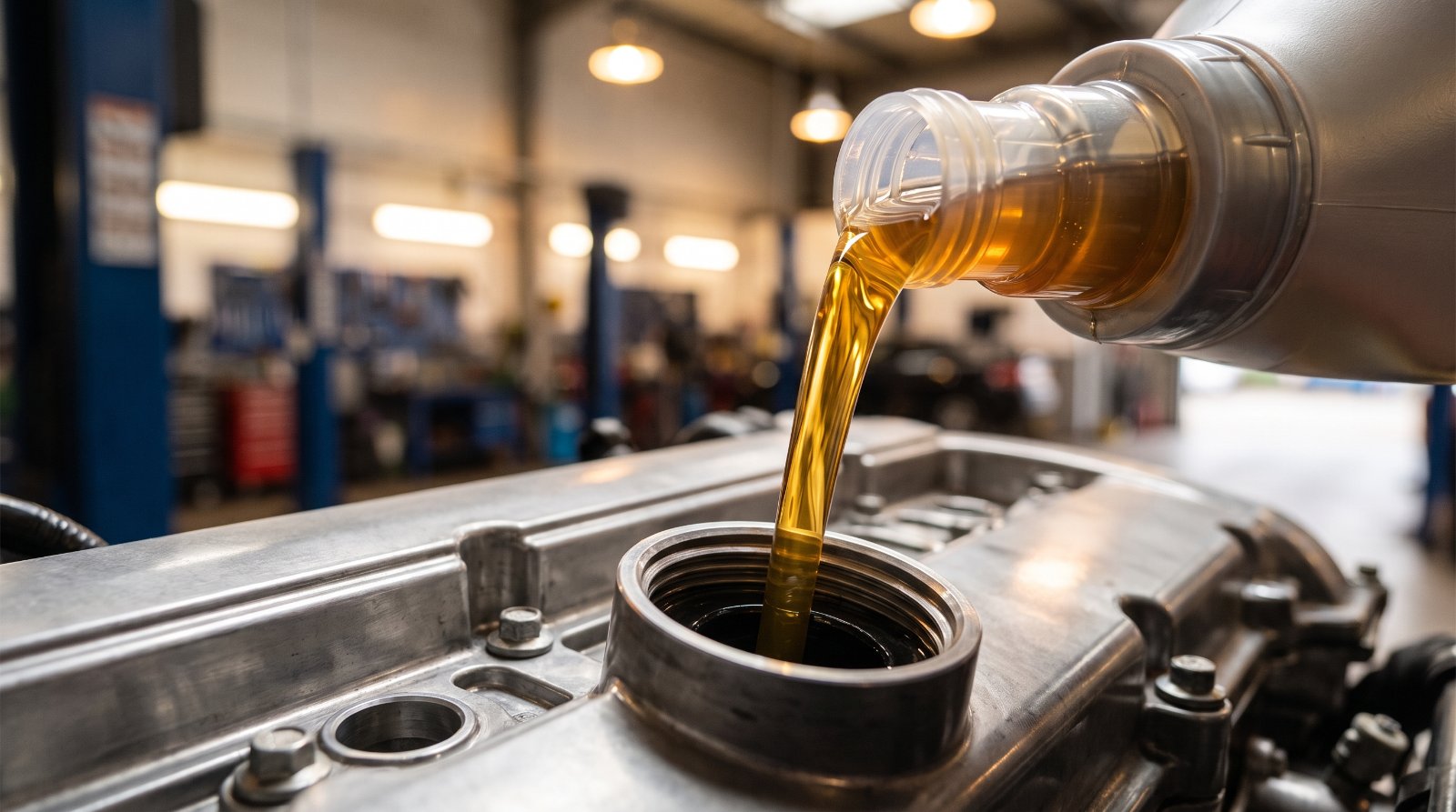 Pouring full synthetic motor oil, the most critical of all performance car fluids