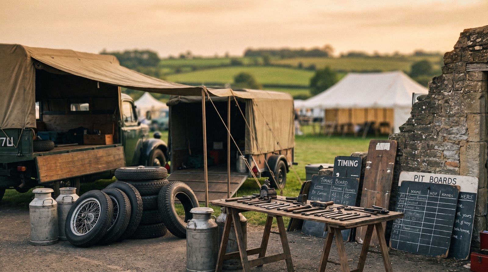 Historic racing paddock at a vintage motorsport meeting with period transporters, wheels, fuel churns and pit boards