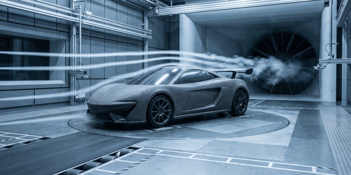 Wind tunnel testing of a scale sports car model, a core part of modern exotic car technology development