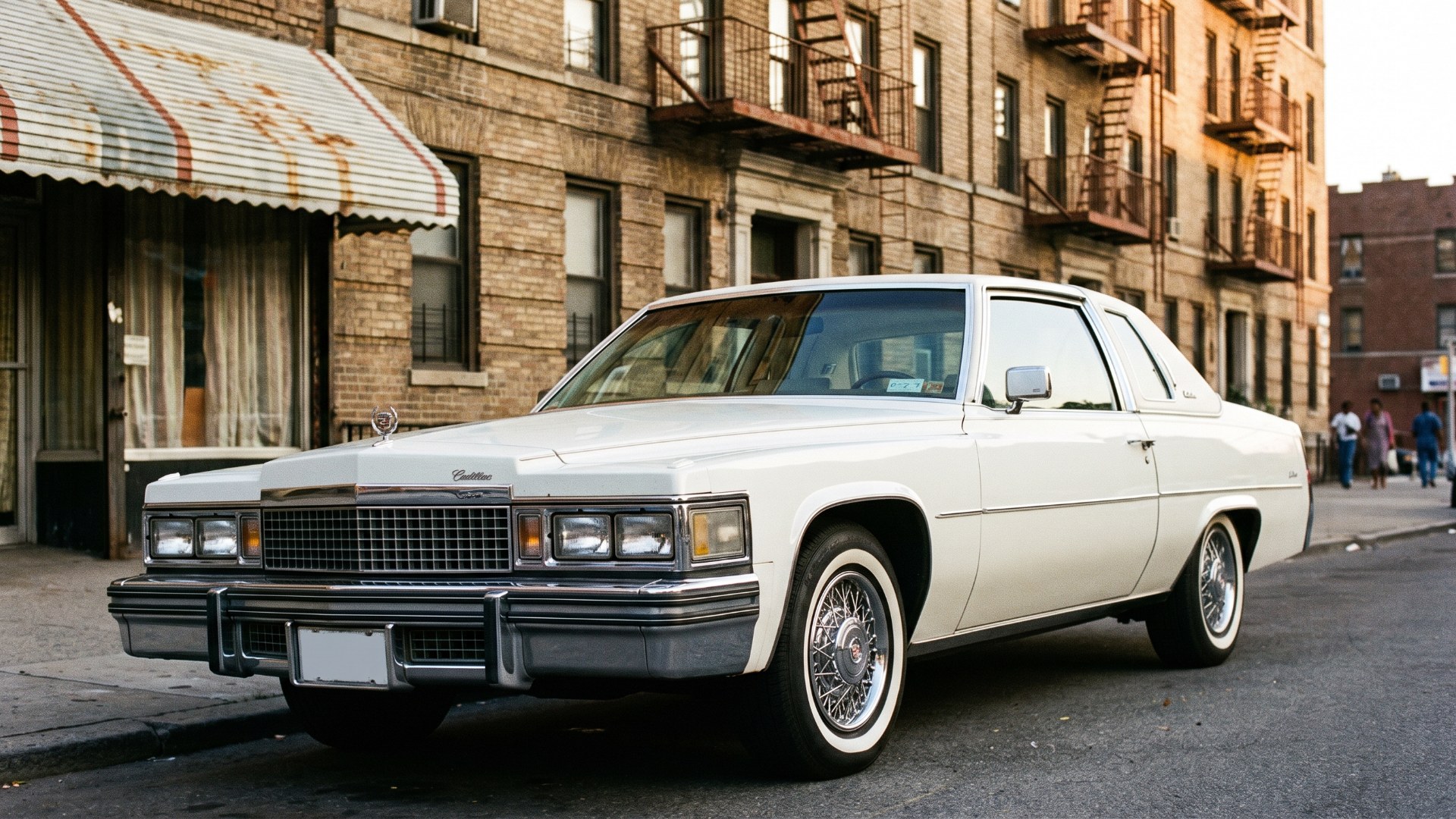 White 1979 Cadillac Coupe de Ville parked on a Bronx street in 1980