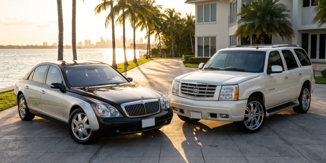 Two icons of hip-hop luxury cars: a two-tone 2004 Maybach 57 and a pearl-white 2004 Cadillac Escalade on a Miami waterfront drive