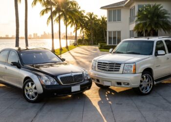 Two icons of hip-hop luxury cars: a two-tone 2004 Maybach 57 and a pearl-white 2004 Cadillac Escalade on a Miami waterfront drive