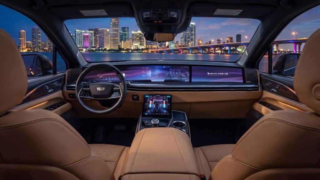 2026 Cadillac ESCALADE IQ interior with the 55-inch Horizon Display spanning the dashboard