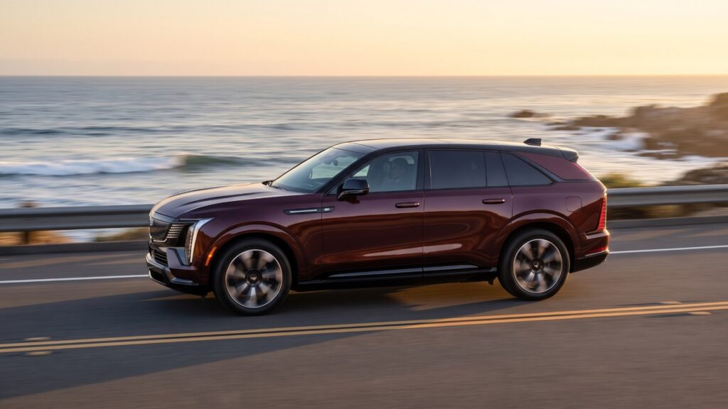 2026 Cadillac ESCALADE IQ side profile driving on a coastal highway at sunset