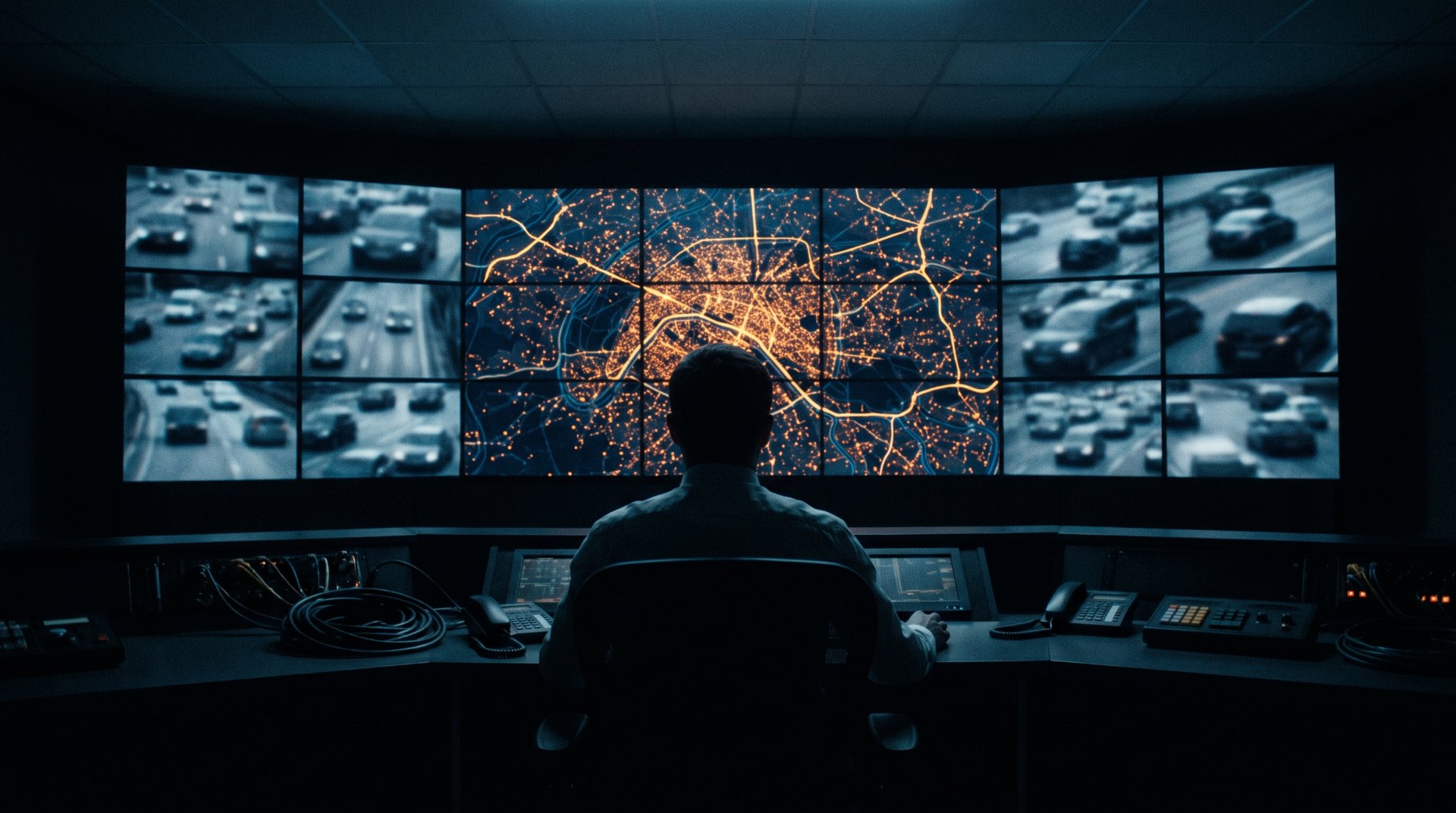 An analyst silhouetted against a wall of monitors showing a city map covered in glowing location markers and connecting route lines