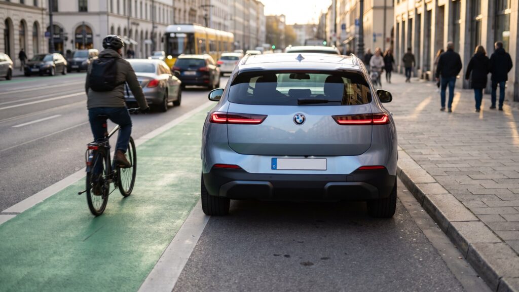 Silver BMW iX3 parked beside a green cycle lane as a cyclist rides past its driver's door