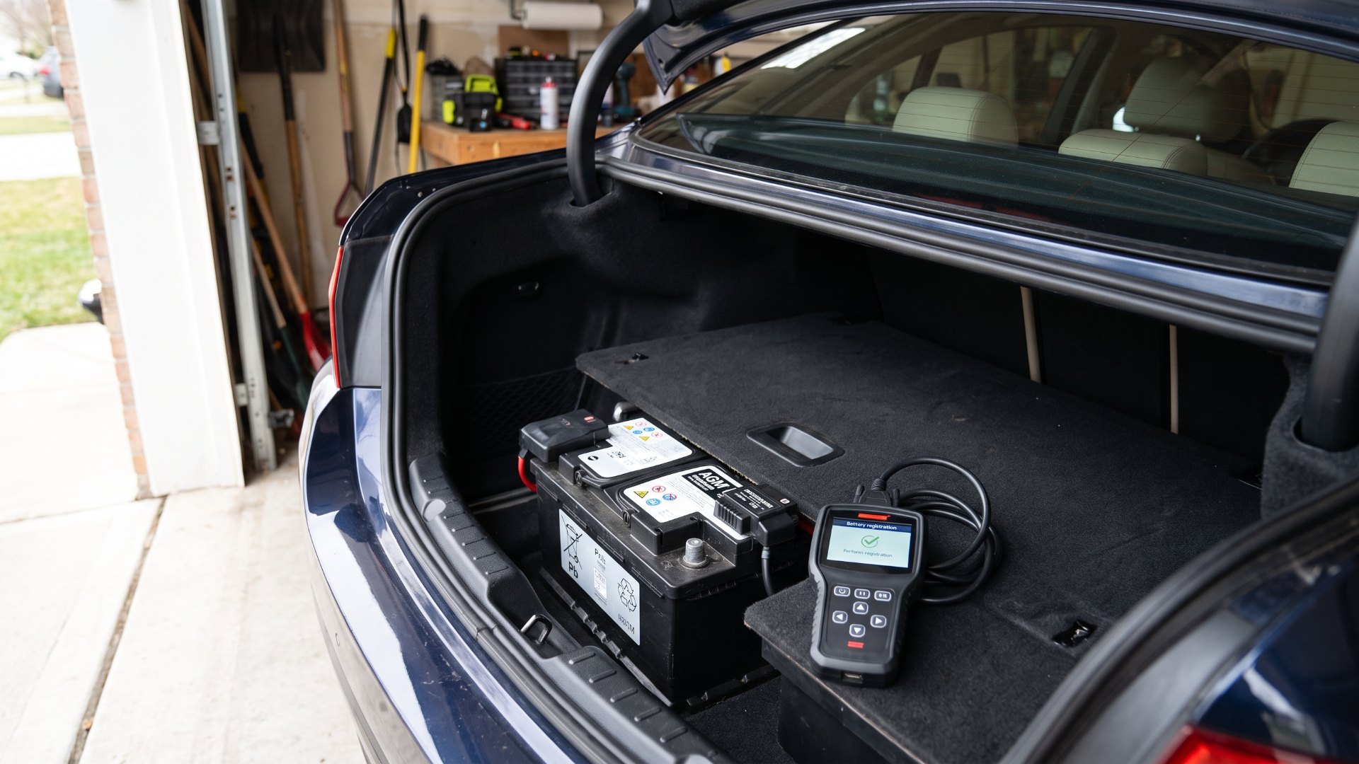 AGM battery under the trunk floor of a BMW sedan beside a scan tool for battery registration