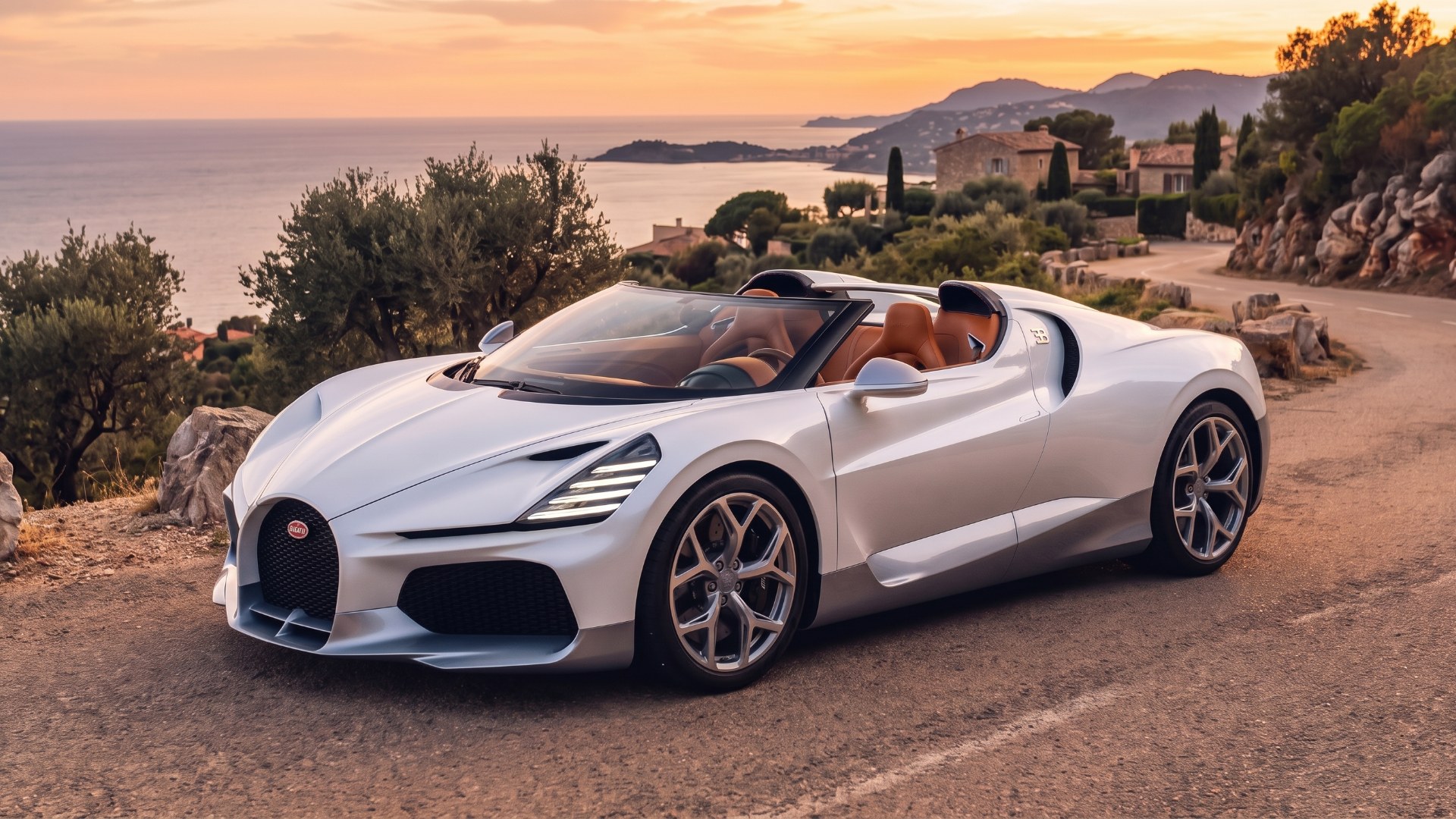 Silver Bugatti W16 Mistral roadster, the last road-going W16 Bugatti, parked above the Mediterranean coast at sunset. AI-generated editorial visualization, not a photograph.