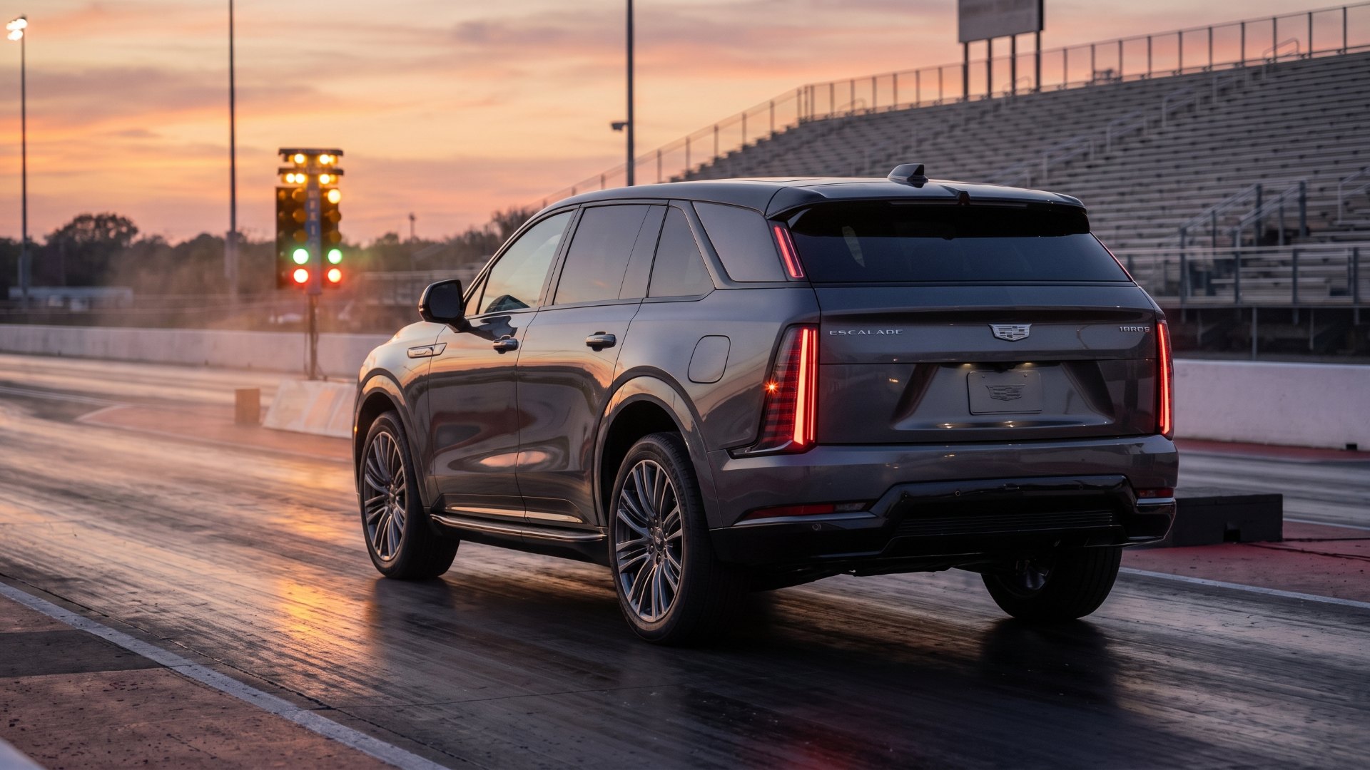 Grey Cadillac ESCALADE IQ seen from the rear at the start line of a drag strip at sunset, with the staging light tree lit beside it