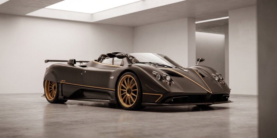 One-of-one supercar in exposed carbon fibre parked inside a supercar atelier before restoration