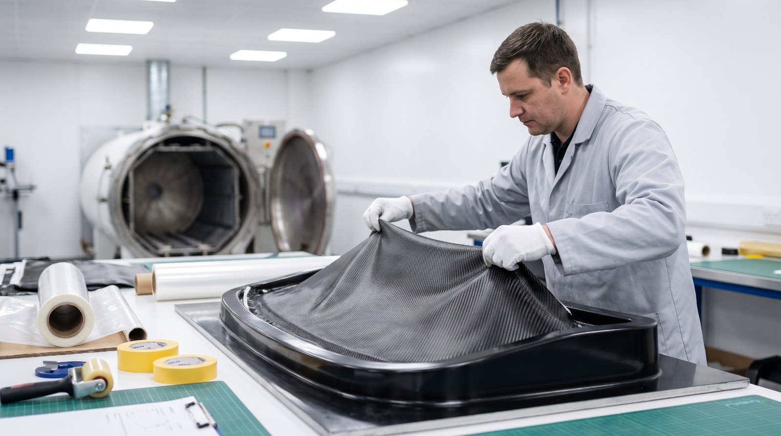 Technician laying carbon fibre twill into a body panel mould beside an autoclave in a composites workshop