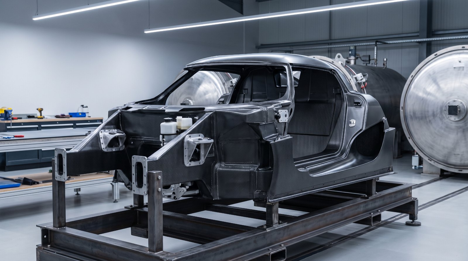 Carbon fibre monocoque survival cell from a one-of-one supercar mounted on an assembly jig