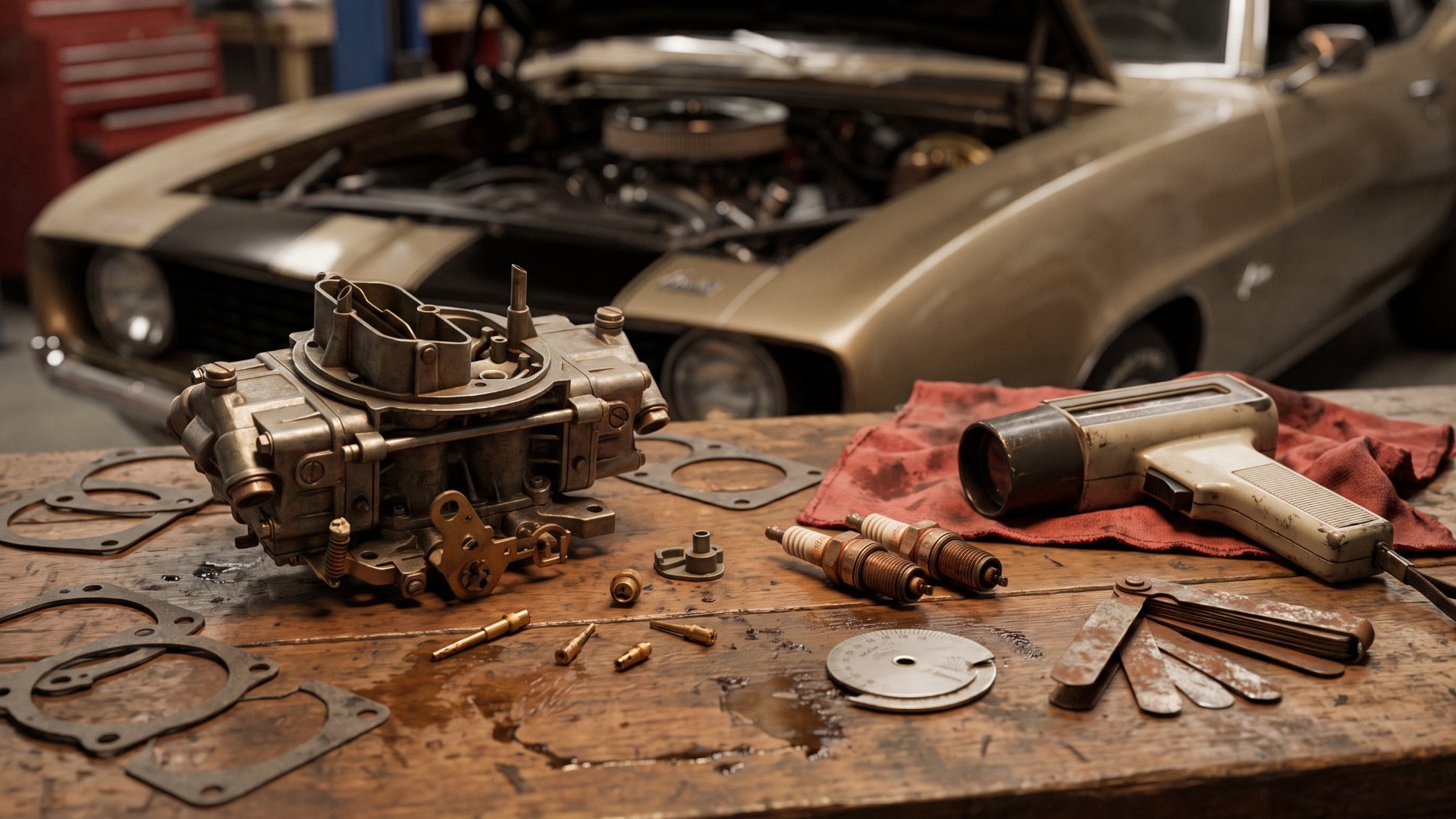 Vintage carburetor, spark plugs and gap gauge on a workbench in front of a 1960s muscle car