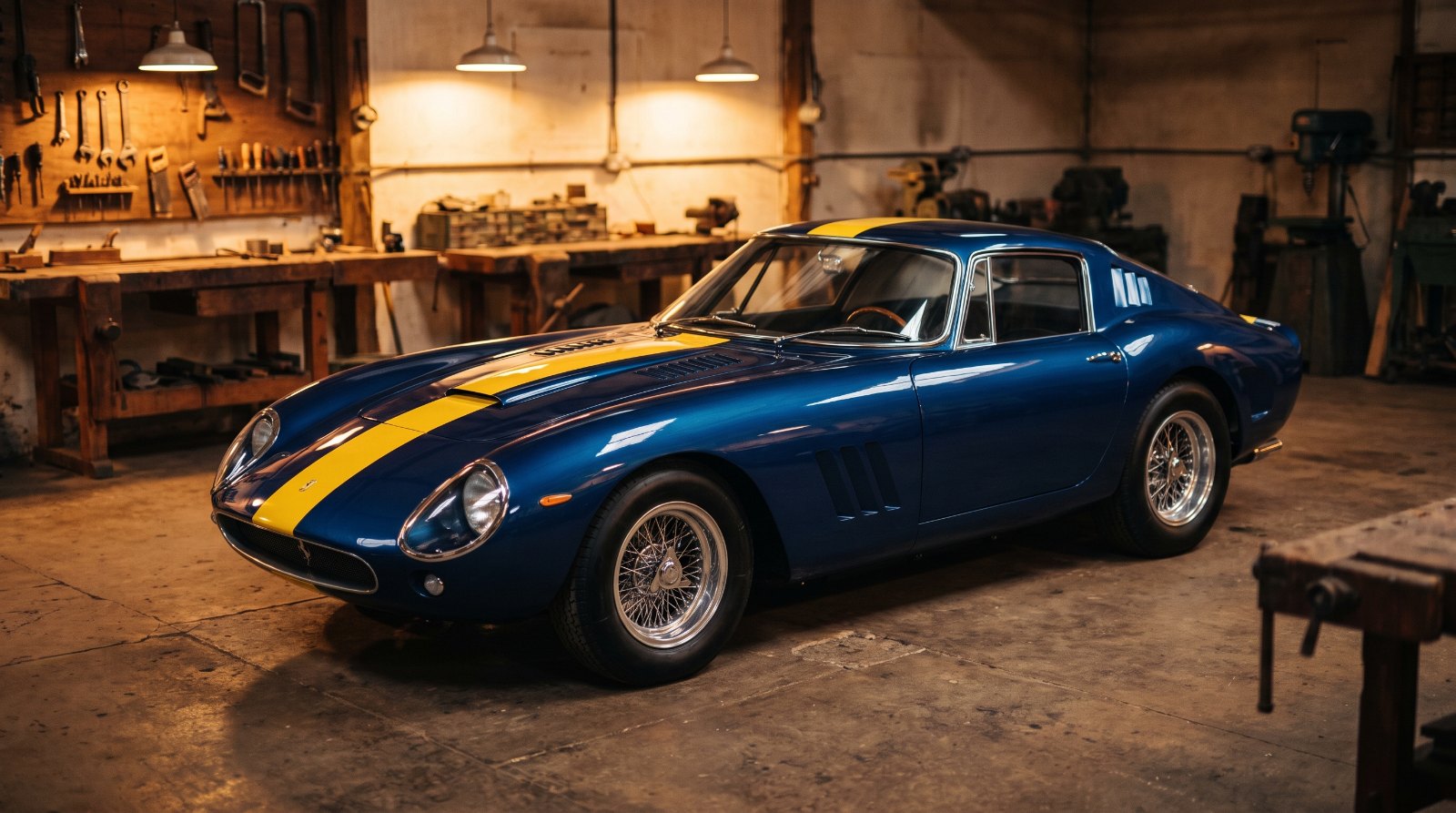 Blue and yellow 1960s Italian racing berlinetta inside a heritage restoration workshop