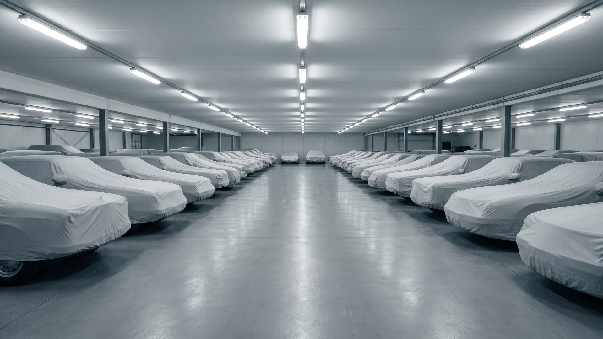 Long rows of collector cars under fitted covers inside a climate-controlled storage facility