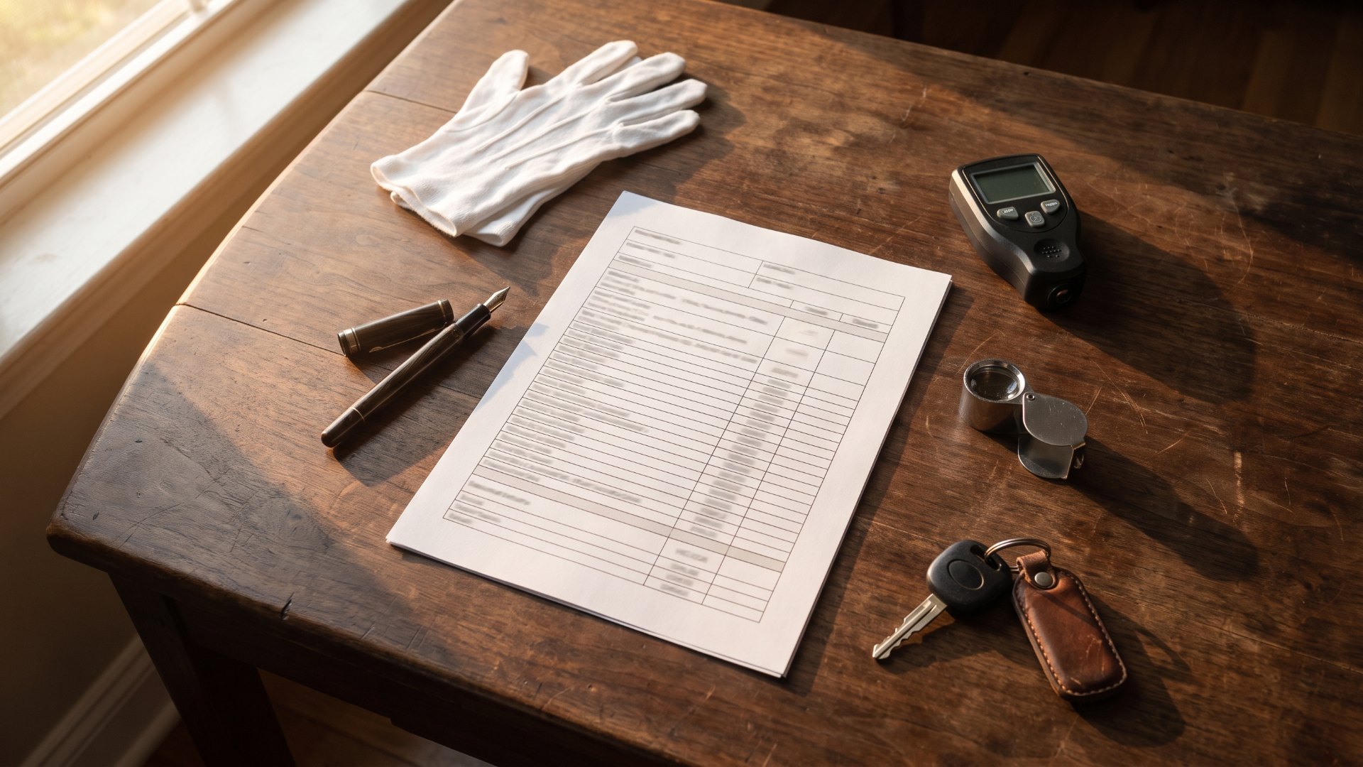 A vehicle valuation worksheet on a desk with inspection gloves, a loupe, a paint-thickness gauge and car keys